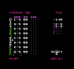 Phrase editor showing notes, instruments, and FX columns